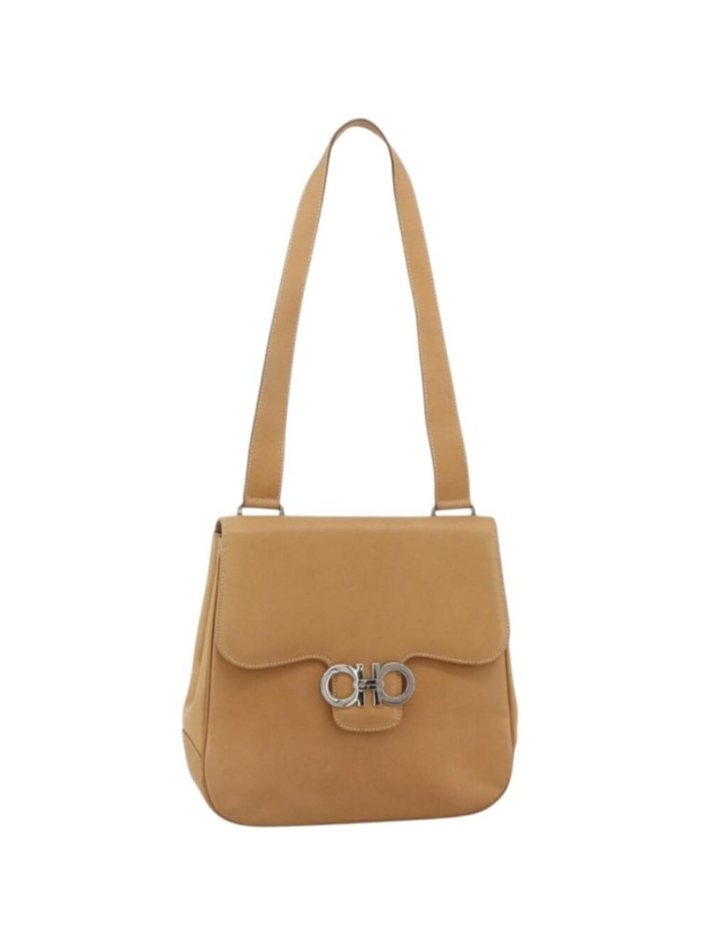 Salvatore Ferragamo Gancini Shoulder Bag Leather Beige Silver